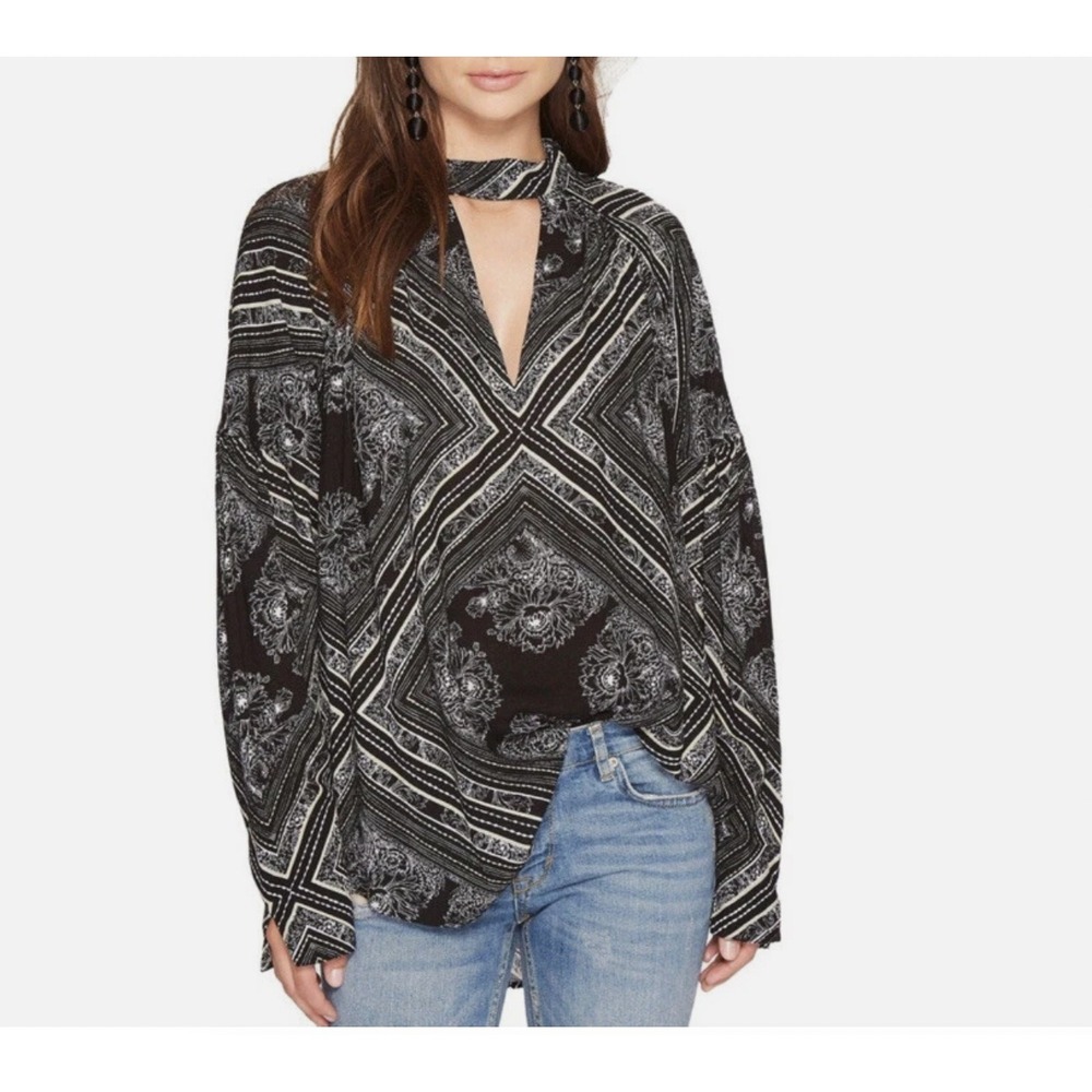 Free People Walking On A Dream Tunic Medium Boho Printed Keyhole Mock Neck Top